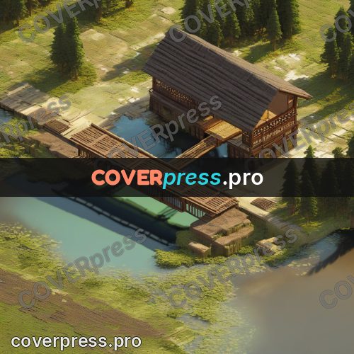 3d diorama: wooden bridge and houses by water