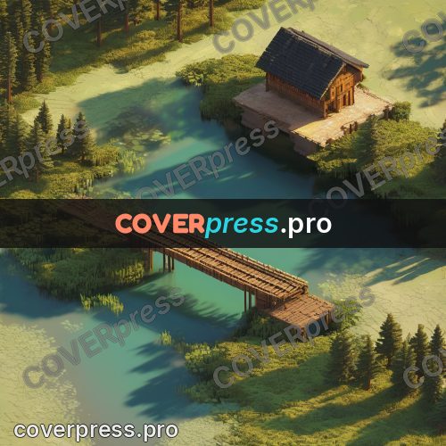 3d diorama: wooden bridge and houses by water