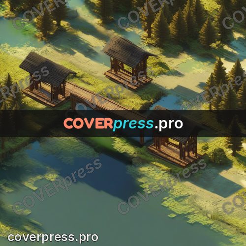 3d diorama: wooden bridge and houses by water