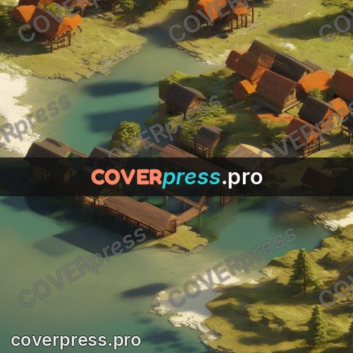 3d diorama: wooden bridge and houses by water