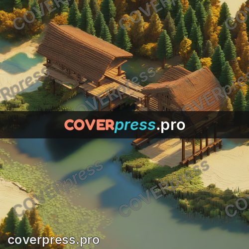 3d diorama: wooden bridge and houses by water