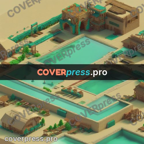 3d diorama: courtyard with pools and buildings