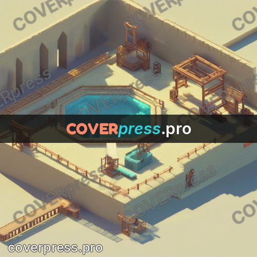 3d diorama: courtyard with pools and buildings
