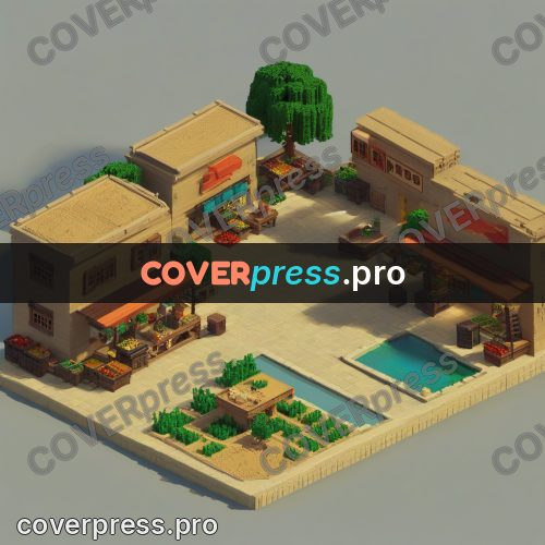 3d diorama: market with stalls and a pool