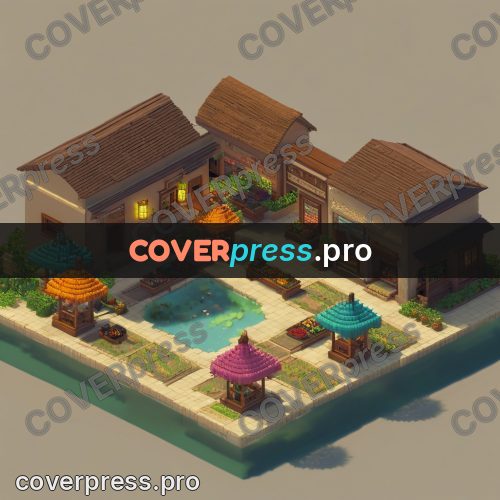3d diorama: market with stalls and a pool