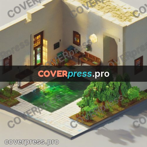 3d diorama: courtyard with a pond and trees