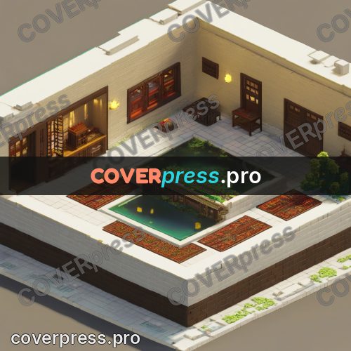 3d diorama: courtyard with a pond and trees