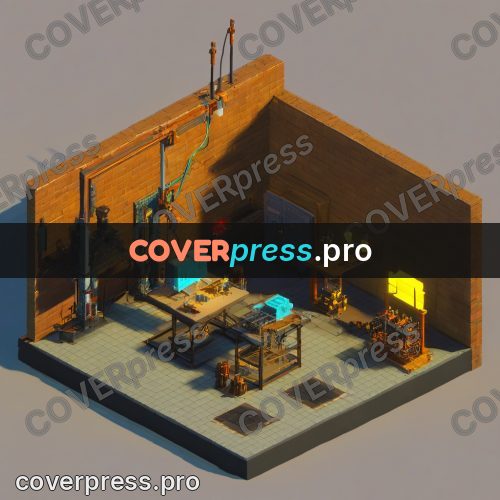 3d diorama: workshop with machines by a wall