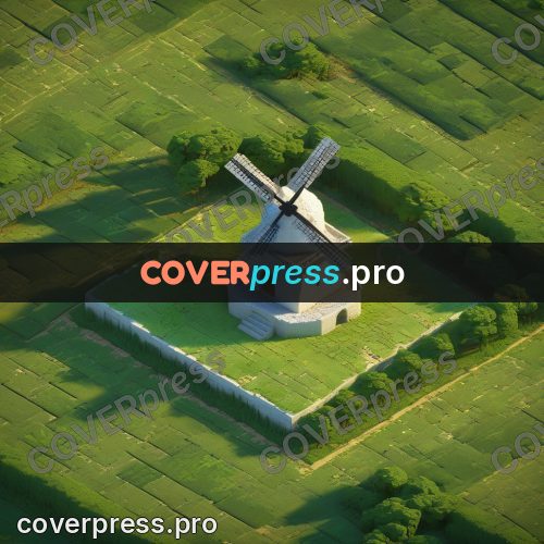 3d diorama: white windmill on a green field