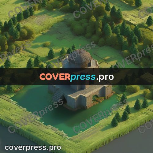 3d diorama: windmill by water among fields