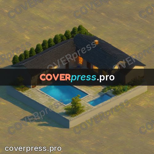 3d diorama: house with firs and a pool