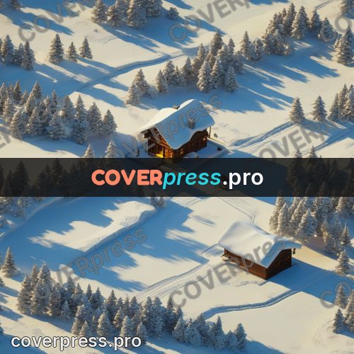 3d diorama: log cabin in snow among firs