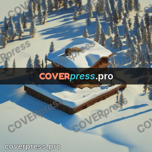 3d diorama: log cabin in snow among firs