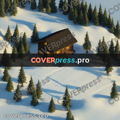 3d diorama: log house in snow among firs