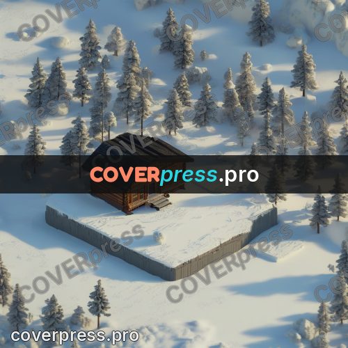 3d diorama: log house in snow among firs