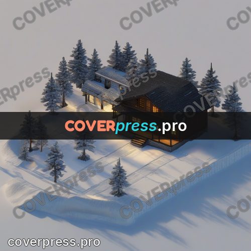 3d diorama: log house in snow among firs