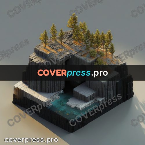 3d diorama: dark cliff with firs above