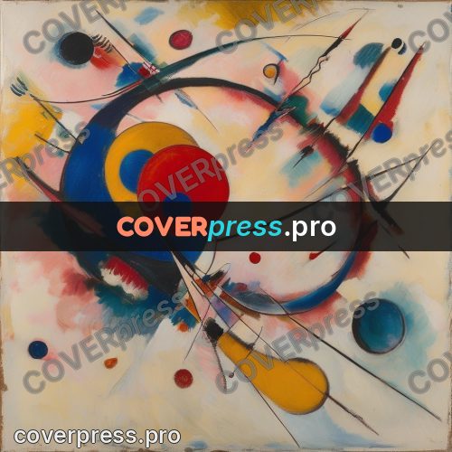 Kandinsky style abstract drawing: cored circle among arcs