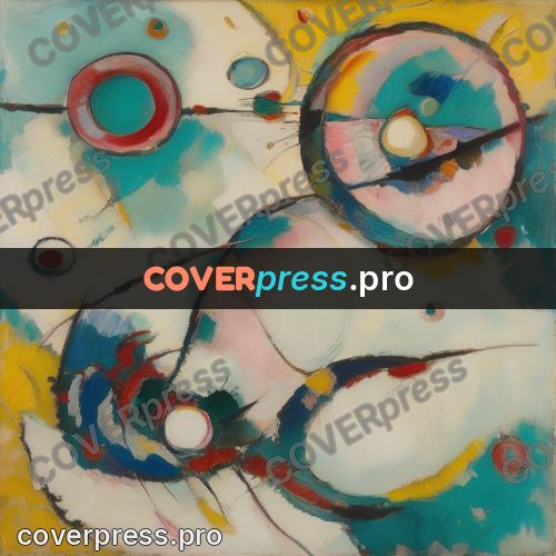 Kandinsky style abstract drawing: turquoise circles and arcs
