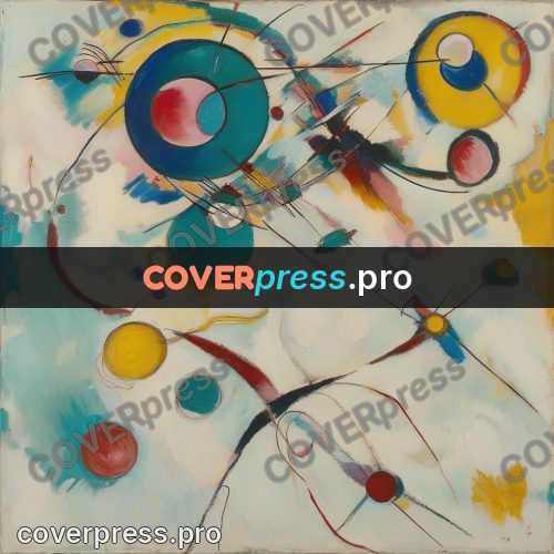 Kandinsky style abstract drawing: turquoise circles on pale ground