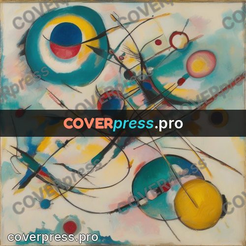 Kandinsky style abstract drawing: turquoise circles on pale ground