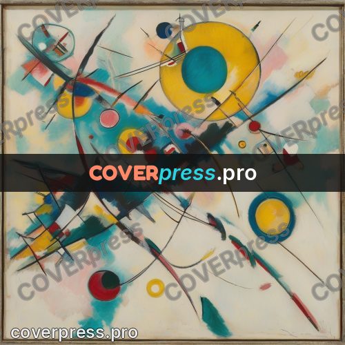 Kandinsky style abstract drawing: turquoise circles on pale ground