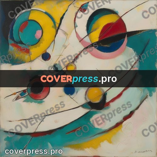Kandinsky style abstract drawing: turquoise circles on pale ground