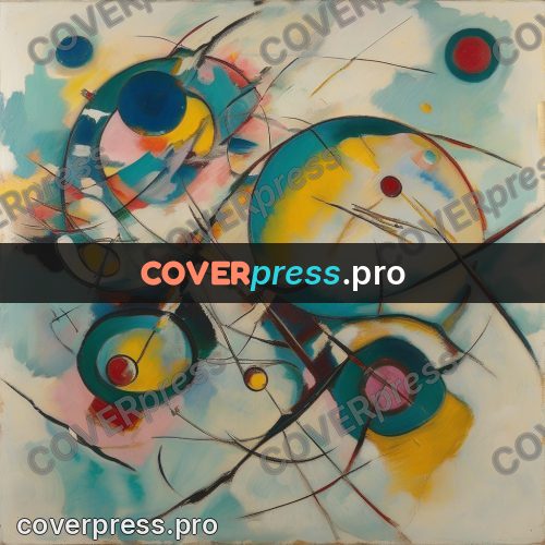 Kandinsky style abstract drawing: turquoise circles on pale ground