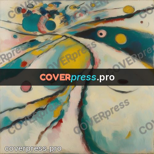 Kandinsky style abstract drawing: turquoise ribbons and circles