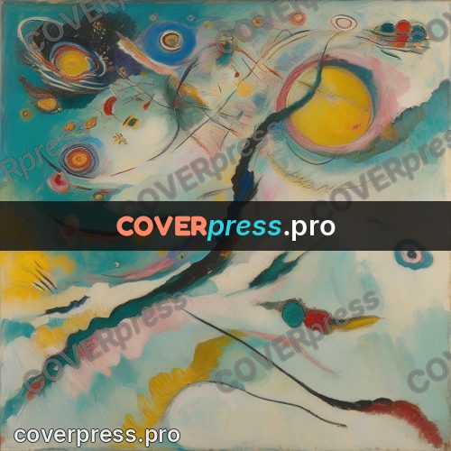 Kandinsky style abstract drawing: turquoise ribbons and circles