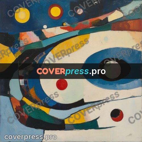 Kandinsky style abstract drawing: circles and ribbons on blue