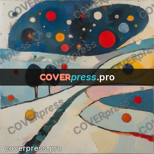 Kandinsky style abstract drawing: circles and ribbons on blue