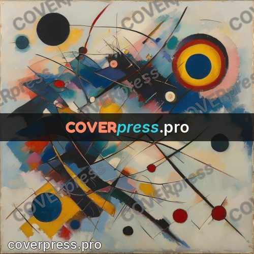 Kandinsky style abstract drawing: circles and ribbons on blue