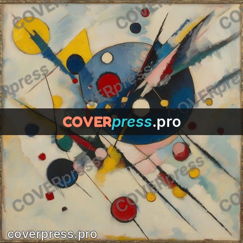Kandinsky style abstract drawing: circles and rays on pale ground