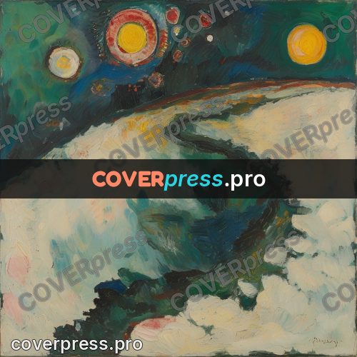 Kandinsky style abstract drawing: green slopes and circles