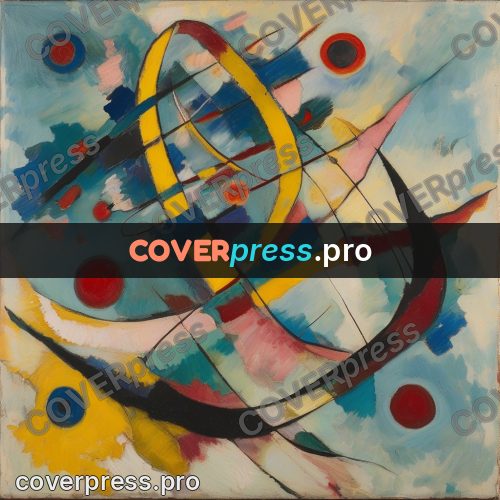 Kandinsky style abstract drawing: arcs and circles on blue