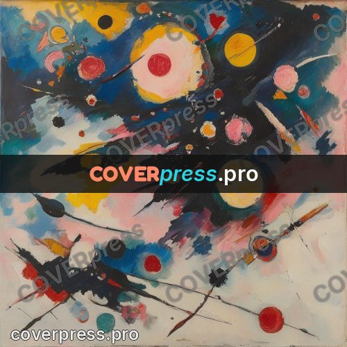 Kandinsky style abstract drawing: dark patch with circles