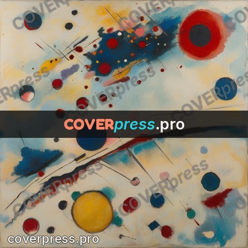 Kandinsky style abstract drawing: circles and spatter on pale ground