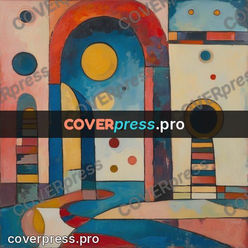 Kandinsky style abstract drawing: arch among coloured bands