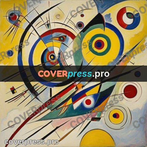 Kandinsky style drawing: circles and arcs on yellow