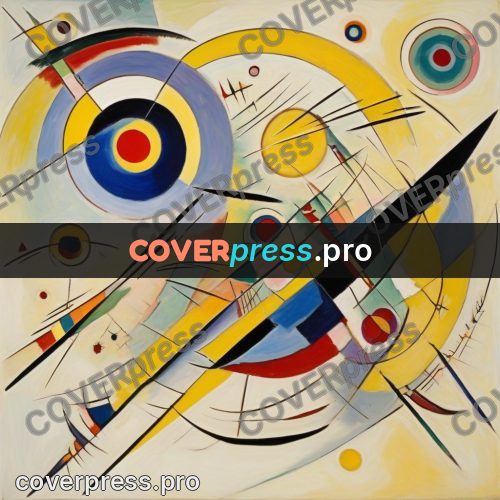 Kandinsky style drawing: circles and arcs on yellow