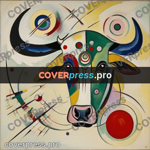 Kandinsky style drawing: cow with curved horns