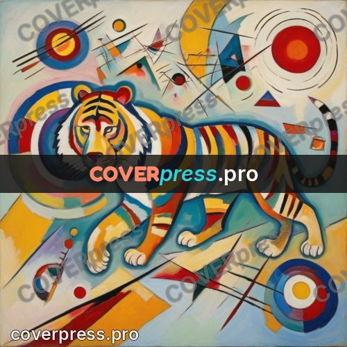 Kandinsky style drawing: tiger among circles and lines