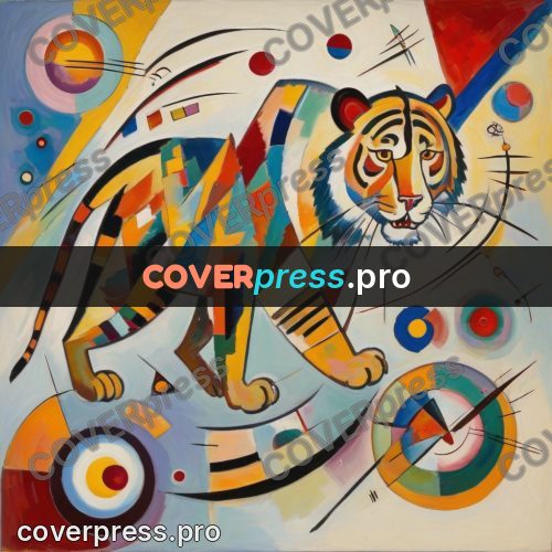 Kandinsky style drawing: tiger among circles and lines