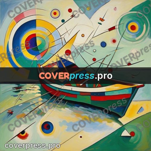 Kandinsky style drawing: boat by the shore
