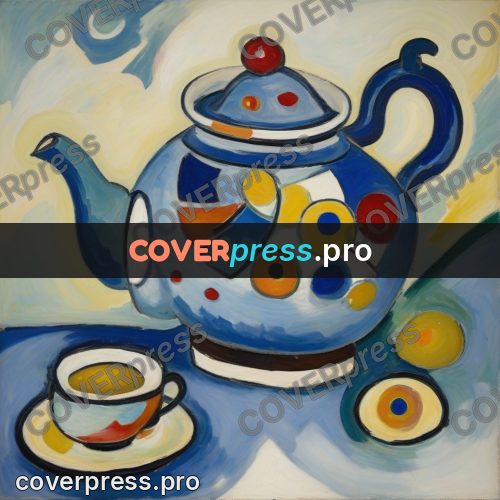 Kandinsky style drawing: blue teapot on a table