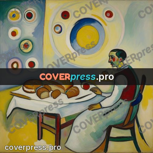 Kandinsky style drawing: person at a table with bread