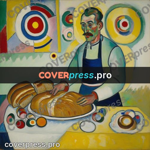 Kandinsky style drawing: person at a table with bread