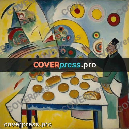 Kandinsky style drawing: person at a table with bread
