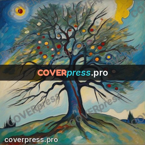 Kandinsky style drawing: tree with round fruit